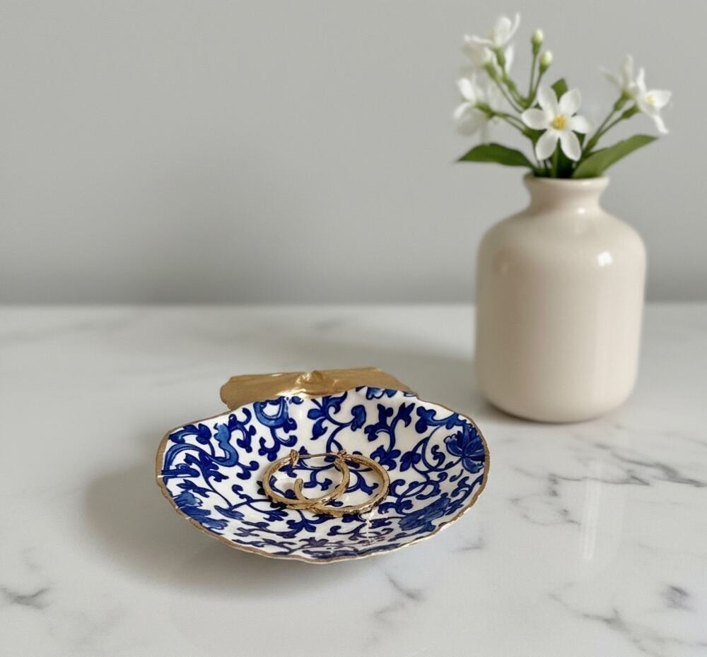 Blue White Chinoiserie Trinket Dish, Scallop Shell Ring Dish for Her